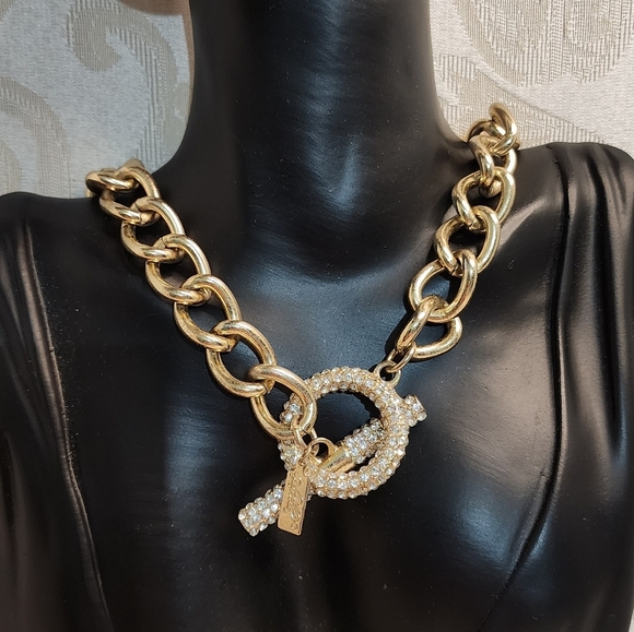 GIA FARELLA Vintage Gold Plated Chunky Chain Necklace Rhinestone Toggle - Picture 15 of 16
